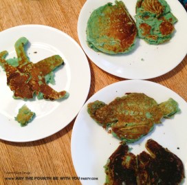Star Wars Food: Bantha Milk Pancakes (TIE-Fighter, Darth Vader, X-Wing, Millennium Falcon, and Yoda Shaped) /// Check out our blog for lots of Star Wars Party food recipes and downloadable labels! Great for a Birthday Party or a May the Fourth be with you Party. /// #starwars #starwarsparty #maythefourthbewithyou #starwarsbirthday #starwarsfood #pancakes #banthamilk #tieighter, #darthvader #xwing #millenniumfalcon #yoda maythefourthbewithyoupartyblog.com
