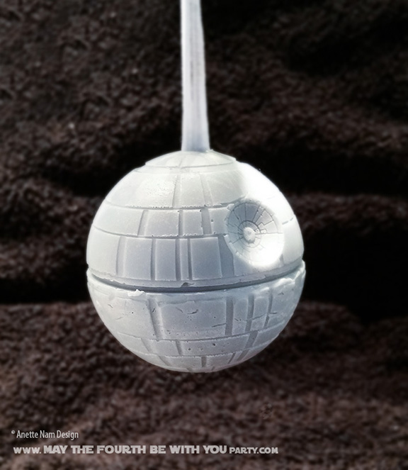DIY Death Star Soap on a Rope (from Silicone Mold) /// Check out our blog for lots of Star Wars Party crafts and ideas /// #starwars #starwarsparty #maythefourthbewithyou #starwarsbirthday #deathstar #soap maythefourthbewithyoupartyblog.com