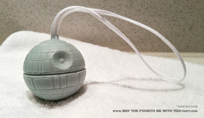 DIY Death Star Soap on a Rope (from Silicone Mold) /// Check out our blog for lots of Star Wars Party crafts and ideas /// #starwars #starwarsparty #maythefourthbewithyou #starwarsbirthday #deathstar #soap maythefourthbewithyoupartyblog.com
