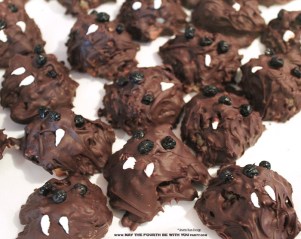 Star Wars Food: Chocolate-covered Wookiee Cookies (Macaroons) /// Check out our blog for lots of Star Wars Party food recipes and downloadable labels! Great for a Birthday Party or a May the Fourth be with you Party. /// #starwars #starwarsparty #maythefourthbewithyou #starwarsbirthday #starwarsfood #wookiee #chewbacca #cookies #chocolate #macaroon #coconut maythefourthbewithyoupartyblog.com