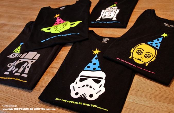 May the Fourth be with You Party T-shirts. This and many other patterns can be downloaded from our blog. /// Note: Patterns are ©, and your work must include © if posted, and can not be sold. See blog for complete ©. #stormtrooper #c3po #r2d2 #atat #yoda #starwars #tshirt #starwarsparty #maythefourthbewithyou #starwarsbirthday #starwarscostume maythefourthbewithyoupartyblog.com