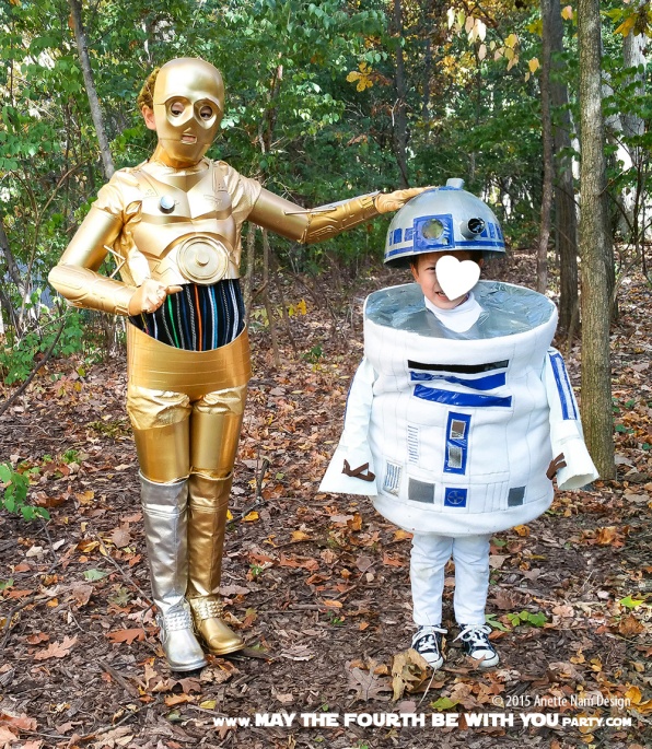 C-3PO and R2-D2 DIY Costume and Cosplay / Check out lots more Star Wars Halloween costumes and cosplay ideas on our blog / #starwars #halloween #maythefourthbewithyou #maythe4thbewithyou #costume #ducttape #cosplay #diy #pattern #sewing #theforceawakens #c3po #r2d2 #droid #geek #nerd #spraypaint / maythefourthbewithyoupartyblog.com