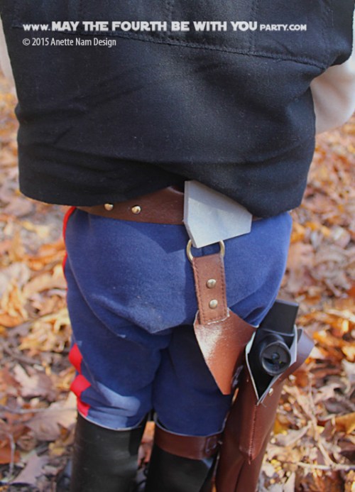 DIY Han Solo Holster. Check out all our other Star Wars costumes on our blog! #hansolo #holster #starwars #starwarsparty #maythefourthbewithyou #starwarsbirthday #starwarscostume #halloweencostume #cosplay maythefourthbewithyoupartyblog.com
