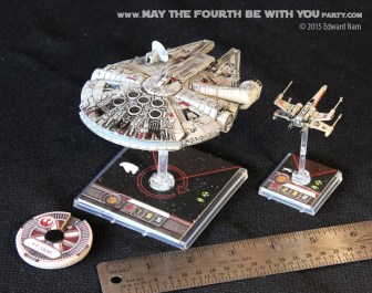 X-Wing Millennium Falcon. Star Wars X-Wing Miniatures Game /// We add new Star Wars fun on our blog every week! /// #starwars #theforceawakens #xwingminiaturesgame #boardgames #review #xwing #millenniumfalcon /// maythefourthbewithyoupartyblog.com
