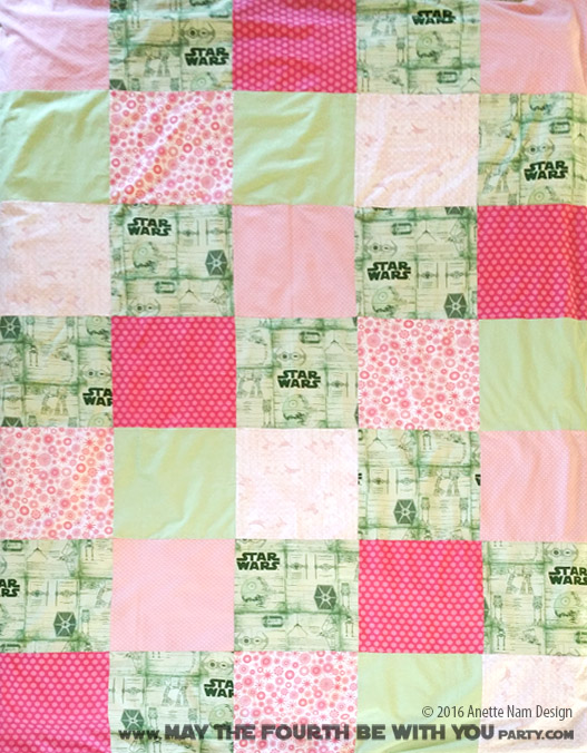 DIY Girls Star Wars Pink and Green quilt comforter cover (sheets) /// We add new Star Wars crafts and fun projects on our blog every week! /// #starwars #comforter #sheets #quilt #sewing #girls #atat #deathstar #tiefighter #tiebomber #atst #theforceawakens #sewing #fabric // maythefourthbewithyoupartyblog.com