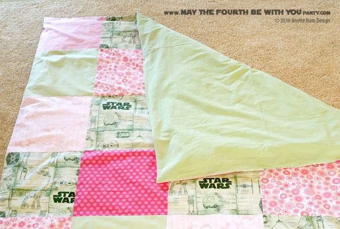 DIY Girls Star Wars Pink and Green quilt comforter cover (sheets) /// We add new Star Wars crafts and fun projects on our blog every week! /// #starwars #comforter #sheets #quilt #sewing #girls #atat #deathstar #tiefighter #tiebomber #atst #theforceawakens #sewing #fabric // maythefourthbewithyoupartyblog.com