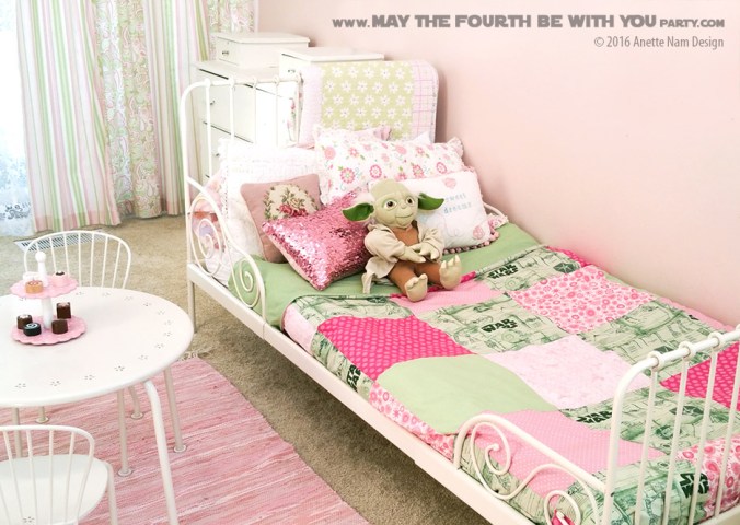 DIY Girls Star Wars Pink and Green quilt comforter cover (sheets) /// We add new Star Wars crafts and fun projects on our blog every week! /// ‪#starwars‬‬‬‬‬‬‬ #comforter #sheets #quilt #sewing #girls #atat #deathstar #tiefighter #tiebomber #atst ‪#theforceawakens‬‬ #sewing #fabric // maythefourthbewithyoupartyblog.com