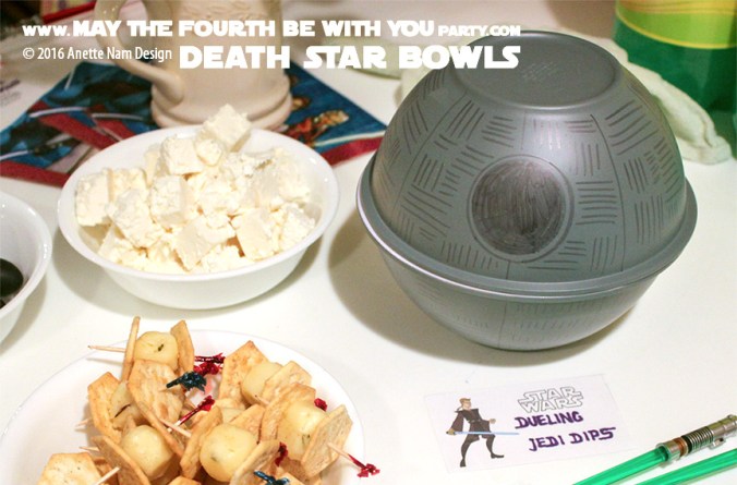 DIY Death Star Bowls with Dueling Jedi Dips. First May the fourth be with you party /// We add new Star Wars crafts and food to our blog every week! /// #starwars #theforceawakens #deathstar #jedi #foodart #funwithfood #maythefourthbewithyou #diy #party #birthday #maythe4th #dip #peppers #tiefighter /// maythefourthbewithyoupartyblog.com