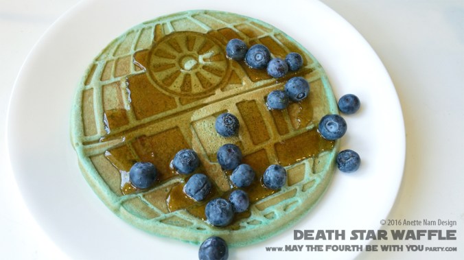 Death Star Waffle with TIE fighter and Bantha Milk/ Check out our blog for lots of Star Wars Party food recipes and downloadable labels! Great ideas for a Birthday Party or a May the Fourth be with you Party. / #starwars #starwarsparty #theforceawakens #maythefourthbewithyou #starwarsbirthday #starwarsfood #deathstar #waffle #wafflemaker #banthamilk #foodart #recipe #tiefighter #breakfast #rogueone / maythefourthbewithyoupartyblog.com