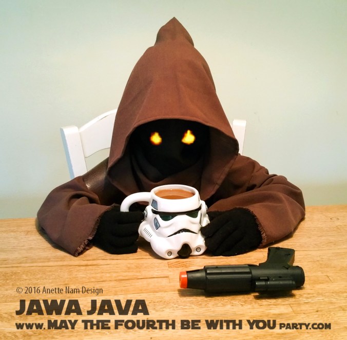 Jawa Java with Stormtrooper Coffee mug and C-3PO Coffee mate creamer/ Check out our blog for lots of Star Wars Party food recipes and downloadable labels! Great ideas for a Birthday Party or a May the Fourth be with you Party. / #starwars #starwarsparty #theforceawakens #maythefourthbewithyou #starwarsbirthday #starwarsfood #jawa #coffeemate #coffee #c3po #stormtrooper #blaster #foodart #recipe #costume #breakfast #beverage #maythe4th #maythefourth / maythefourthbewithyoupartyblog.com