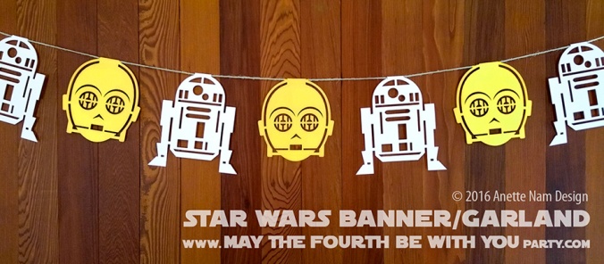 DIY Star Wars Party Banner/Garland/Flags with C-3PO and R2-D2 (downloadable)/// We add new Star Wars crafts and fun to our blog every week! /// #starwars #theforceawakens #rogueone #r2d2 #c3po #silhouettecameo #diecut #starwarsparty #maythefourthbewithyou #party #birthday #stencil #banner #garland #flag /// maythefourthbewithyoupartyblog.com
