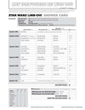 Star Wars Limbo /Limb-OH / We have Star Wars fun and games every week! Click the URL and follow us to make sure you don't miss any! / Note: Game is ©, and your work must include © if posted, and can not be sold. See blog for complete ©. #starwars #limbo #arm #leg #dismembered #dismemberment #wampa #luke #lukeskywalker #anakin #anakinskywalker #dooku #pondababa #games #game #downloadable #darthmaul #lighsaber #theforceawakens / maythefourthbewithyoupartyblog.com