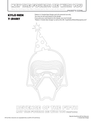 DIY Kylo Ren Star Wars Day Revenge of the Fifth T-shirt/Stencil Pattern. This and many other patterns can be downloaded FREE from our blog. / Note: Patterns are ©, and your work must include © if posted, and can not be sold. See blog for complete ©/ #kyloren #starwars #tshirt #starwarsparty #theforceawakens #maythefourthbewithyou #maythe4th #maythefourth #revengeofthefifth #starwarscostume #pattern #maythe4thbewithyou #stencil #silkscreen #silhouettecameo maythefourthbewithyoupartyblog.com