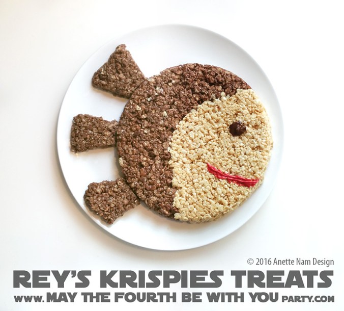 Star Wars Food: Rey’s Krispies Treats // Check out our blog for lots of Star Wars Party food recipes and downloadable labels! Great for a Birthday Party or a May the Fourth be with you Party // #starwars #starwarsparty #theforceawakens #maythefourthbewithyou #starwarsbirthday #starwarsfood #ricekrispiestreats #ricekrispies #ricecrispytreats #chocolate #rey #puns #geek #nerd #daisyridley // maythefourthbewithyoupartyblog.com