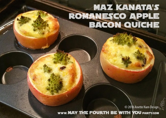 Maz Kanata’s Romanesco Apple Bacon Quiche / Check out our blog for lots of Star Wars Party food recipes and downloadable labels! Great for a Birthday Party or a May the Fourth be with you Party. / #starwars #starwarsparty #theforceawakens #maythefourthbewithyou #starwarsbirthday #starwarsfood #quiche #romanesco #mazkanata #maz #rey #takodana #apple #bacon #recipe / maythefourthbewithyoupartyblog.com