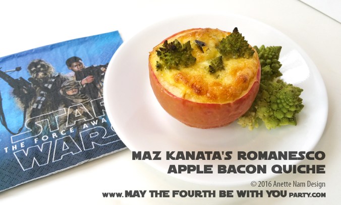 Maz Kanata’s Romanesco Apple Bacon Quiche / Check out our blog for lots of Star Wars Party food recipes and downloadable labels! Great for a Birthday Party or a May the Fourth be with you Party. / #starwars #starwarsparty #theforceawakens #maythefourthbewithyou #starwarsbirthday #starwarsfood #quiche #romanesco #mazkanata #maz #rey #takodana #apple #bacon #recipe / maythefourthbewithyoupartyblog.com