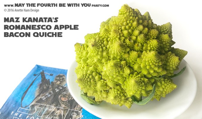 Maz Kanata’s Romanesco Apple Bacon Quiche / Check out our blog for lots of Star Wars Party food recipes and downloadable labels! Great for a Birthday Party or a May the Fourth be with you Party. / #starwars #starwarsparty #theforceawakens #maythefourthbewithyou #starwarsbirthday #starwarsfood #quiche #romanesco #mazkanata #maz #rey #takodana #apple #bacon #recipe / maythefourthbewithyoupartyblog.com