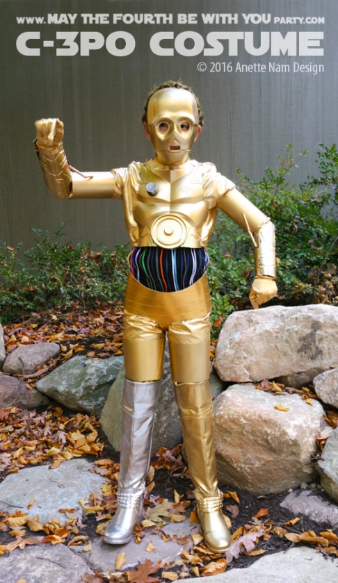 C-3PO DIY Costume and Cosplay / Check out lots more Star Wars Halloween costumes and cosplay ideas on our blog / #starwars #halloween #maythefourthbewithyou #maythe4thbewithyou #costume #ducttape #cosplay #diy #pattern #sewing #theforceawakens #c3po #droid #geek #nerd #spraypaint #gold / maythefourthbewithyoupartyblog.com