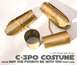 C-3PO DIY Costume and Cosplay / Check out lots more Star Wars Halloween costumes and cosplay ideas on our blog / #starwars #halloween #maythefourthbewithyou #maythe4thbewithyou #costume #ducttape #cosplay #diy #pattern #sewing #theforceawakens #c3po #droid #geek #nerd #spraypaint #gold / maythefourthbewithyoupartyblog.com