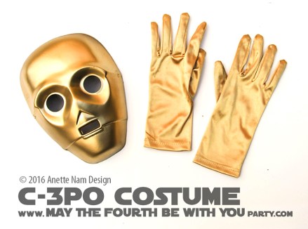 C-3PO DIY Costume and Cosplay / Check out lots more Star Wars Halloween costumes and cosplay ideas on our blog / #starwars #halloween #maythefourthbewithyou #maythe4thbewithyou #costume #ducttape #cosplay #diy #pattern #sewing #theforceawakens #c3po #droid #geek #nerd #spraypaint #gold / maythefourthbewithyoupartyblog.com