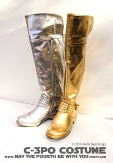 C-3PO DIY Costume and Cosplay / Check out lots more Star Wars Halloween costumes and cosplay ideas on our blog / #starwars #halloween #maythefourthbewithyou #maythe4thbewithyou #costume #ducttape #cosplay #diy #pattern #sewing #theforceawakens #c3po #droid #geek #nerd #spraypaint #gold / maythefourthbewithyoupartyblog.com