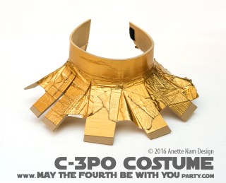C-3PO DIY Costume and Cosplay / Check out lots more Star Wars Halloween costumes and cosplay ideas on our blog / #starwars #halloween #maythefourthbewithyou #maythe4thbewithyou #costume #ducttape #cosplay #diy #pattern #sewing #theforceawakens #c3po #droid #geek #nerd #spraypaint #gold / maythefourthbewithyoupartyblog.com