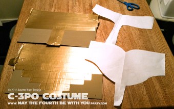 C-3PO DIY Costume and Cosplay / Check out lots more Star Wars Halloween costumes and cosplay ideas on our blog / #starwars #halloween #maythefourthbewithyou #maythe4thbewithyou #costume #ducttape #cosplay #diy #pattern #sewing #theforceawakens #c3po #droid #geek #nerd #spraypaint #gold / maythefourthbewithyoupartyblog.com