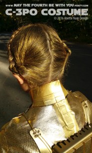 C-3PO DIY Costume and Cosplay / Check out lots more Star Wars Halloween costumes and cosplay ideas on our blog / #starwars #halloween #maythefourthbewithyou #maythe4thbewithyou #costume #ducttape #cosplay #diy #pattern #sewing #theforceawakens #c3po #droid #geek #nerd #spraypaint #gold / maythefourthbewithyoupartyblog.com