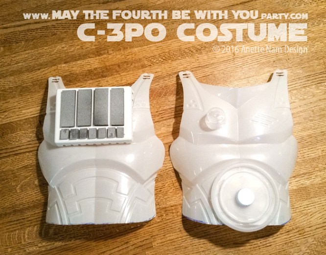 C-3PO DIY Costume and Cosplay / Check out lots more Star Wars Halloween costumes and cosplay ideas on our blog / #starwars #halloween #maythefourthbewithyou #maythe4thbewithyou #costume #ducttape #cosplay #diy #pattern #sewing #theforceawakens #c3po #droid #geek #nerd #spraypaint #gold / maythefourthbewithyoupartyblog.com