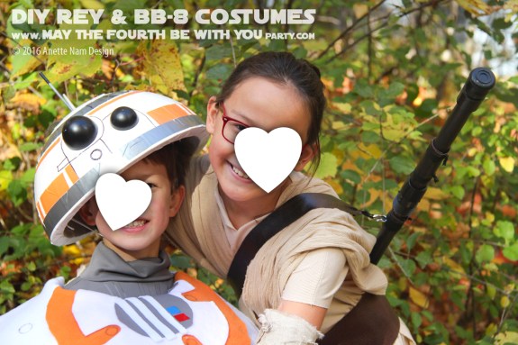 DIY Rey and BB-8 Costume and Cosplay / Check out lots more Star Wars Halloween costumes and cosplay ideas on our blog / #starwars #halloween #maythefourthbewithyou #maythe4thbewithyou #costume #cosplay #diy #pattern #sewing #rey #bb8 #geek #nerd #theforceawakens/ maythefourthbewithyoupartyblog.com