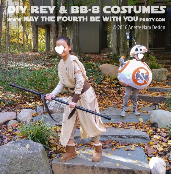 DIY Rey and BB-8 Costume and Cosplay / Check out lots more Star Wars Halloween costumes and cosplay ideas on our blog / #starwars #halloween #maythefourthbewithyou #maythe4thbewithyou #costume #cosplay #diy #pattern #sewing #rey #bb8 #geek #nerd #theforceawakens/ maythefourthbewithyoupartyblog.com
