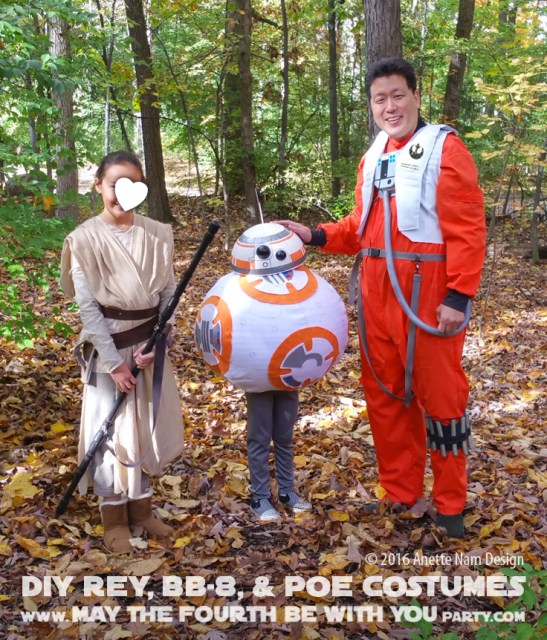 DIY Rey, BB-8 Poe Dameron Costumes and Cosplay / Check out lots more Star Wars Halloween costumes and cosplay ideas on our blog / #starwars #halloween #maythefourthbewithyou #maythe4thbewithyou #costume #cosplay #diy #pattern #sewing #rey #poe #poedameron #bb8 #geek #nerd #theforceawakens/ maythefourthbewithyoupartyblog.com