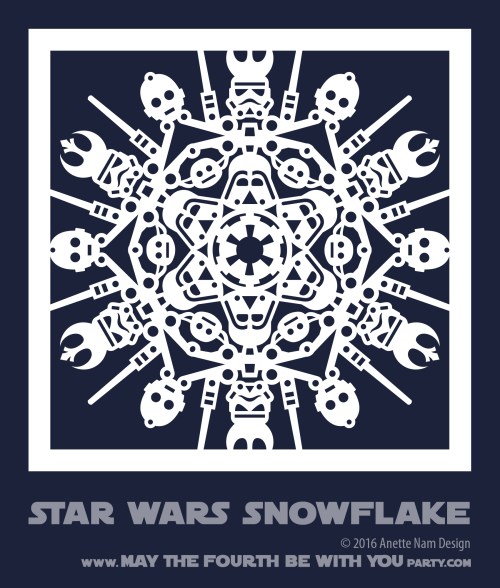 Downloadable Star Wars Snowflakes /// We add new Star Wars crafts to our blog every week! Design is copyrighted and for personal use only. See blog for details. /// #starwars #star wars #snowflake #christmascard #paperart #downloadable #cutpaper #silhouette #silhouettecameo #silkscreen #paper #papercraft /// maythefourthbewithyoupartyblog.com
